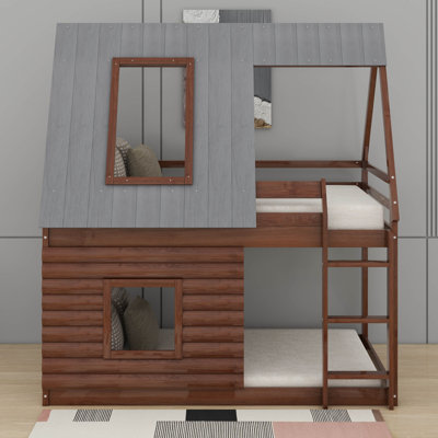 Lit superposé simple en bois avec toit, échelle et 2 fenêtres