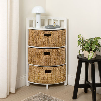 Armoire de rangement de coin en bois d'acacia à 3 niveaux de 34 po avec 3 jacinthes d'eau Quart, blanc