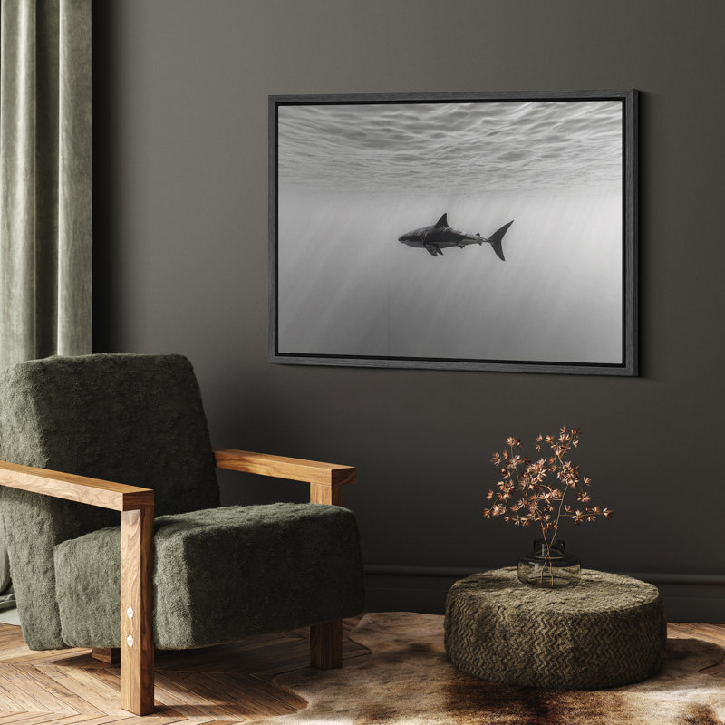 «Black and White Shark Ocean Profond Modern Coastal Decor», reproduction d'art sur toile encadrée, H 16 po x l 24 po