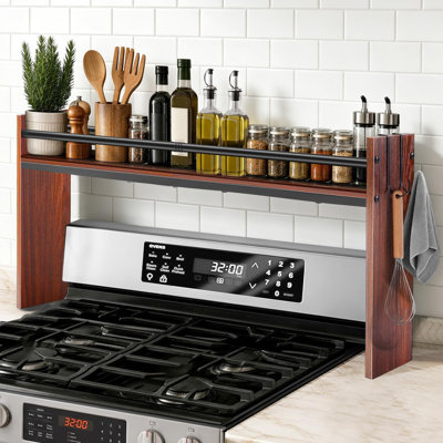 Spice Rack Shelf for Kitchen Stove, Over The Stove Shelf with 4 Hooks,(Walnut)