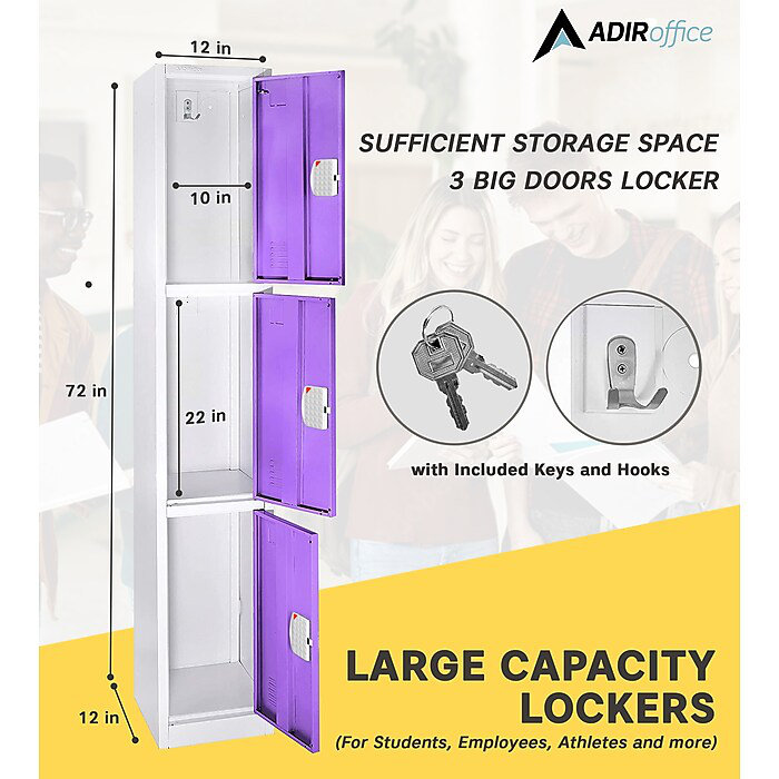 72" Purple Steel Triple Tier Storage Locker with Digital Lock