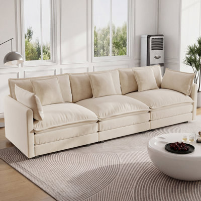 Canapé moderne en chenille 3 places avec 2 accoudoirs et 3 coussins décoratifs