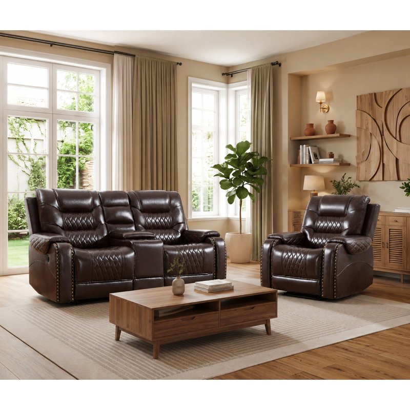 Ensemble de salon inclinable manuel en similicuir 2 pièces avec console de rangement et porte-gobelets, Marron foncé