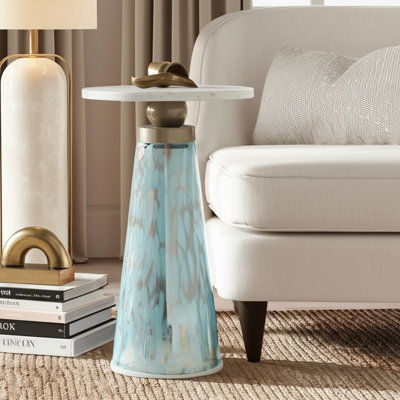 Glass and Wood Accent Table with Tapered Base and Modern Design.