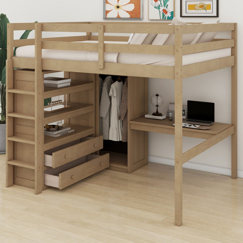 Structure de lit mezzanine en bois tout-en-un avec garde-robe intégrée, bureau de poste de travail, tablettes de rangement ouvertes et tiroirs