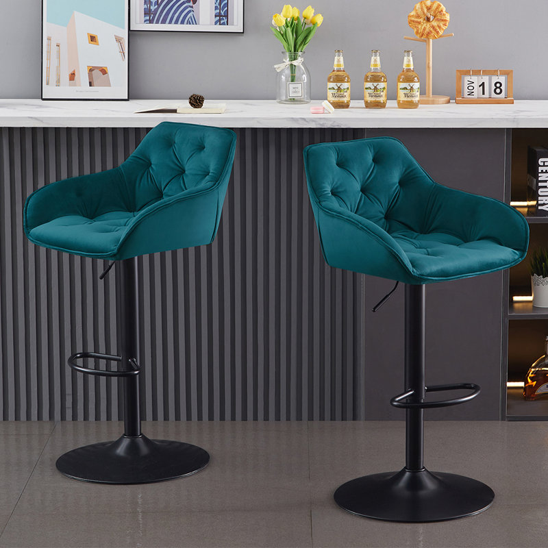 Kafka Velvet Upholstered Height Adjustable 360 Swivel Bar Stools, Teal