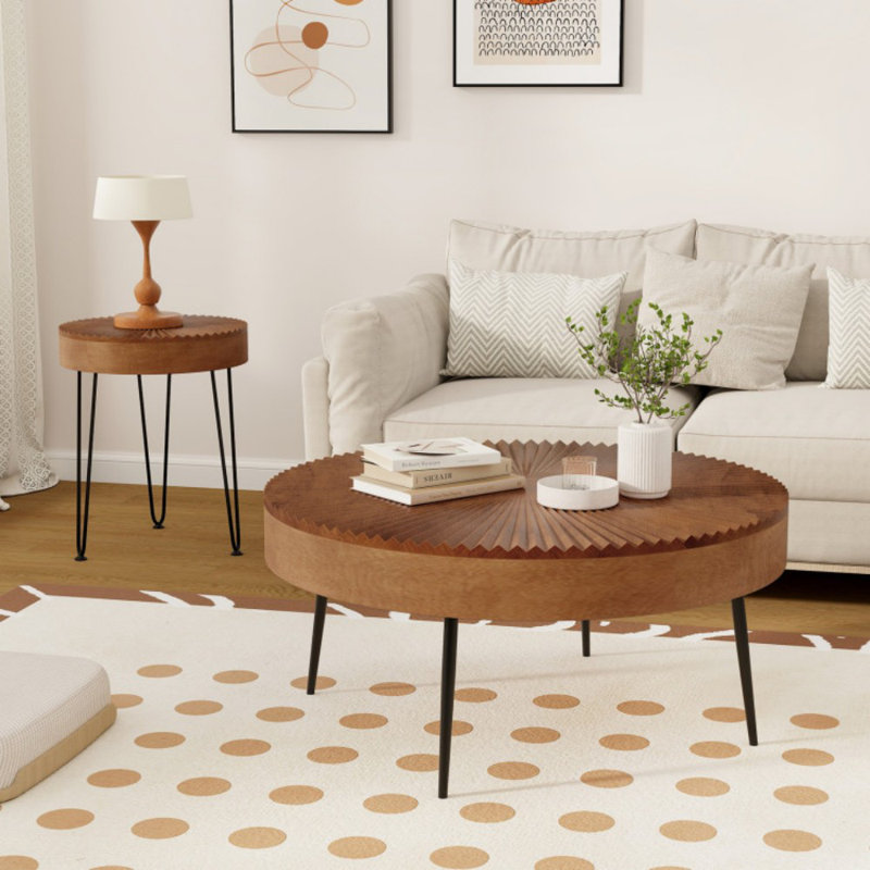 Ensemble de 2 tables basses rondes Boho avec plateau en bois de pin massif et pieds en métal