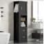 Grande armoire de rangement pour salle de bain, armoire de rangement autoportante avec crochet et tablette réglable, panneau de fibres à densité moyenne, noir, armoire de porte supérieure avec tablette intégrée et deux tiroirs inférieurs