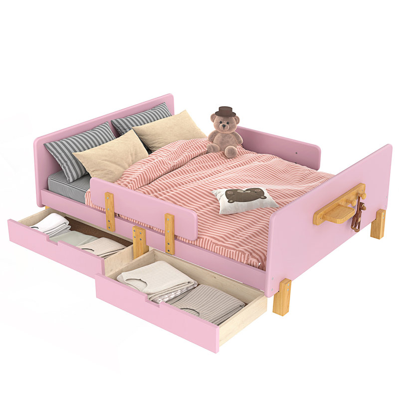 Lit plateforme double avec tiroirs de rangement, Double , Rose