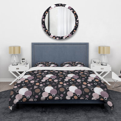 Cercles dans les tons de mauve sur fond noir - ensemble de housse de couette style Mid-Century moderne - microfibre de polyester