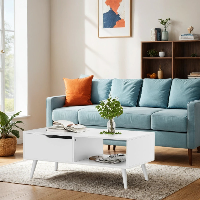 White Mid Century Modern Coffee Table with Drawer & Shelf, 39'' Wooden