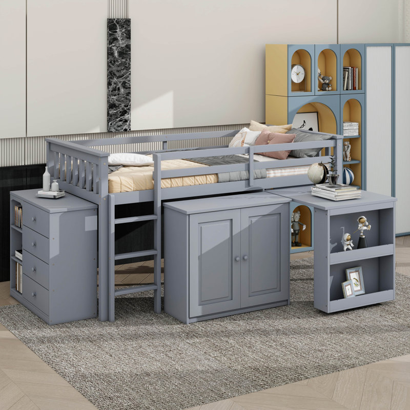 Lit mezzanine simple avec armoire à tiroirs et bureau coulissant pratique, Gris