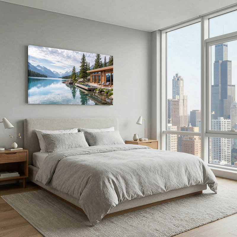 Toile en bois sur un lac turquoise avec piscine à débordement, art mural, 40“W x 20”H