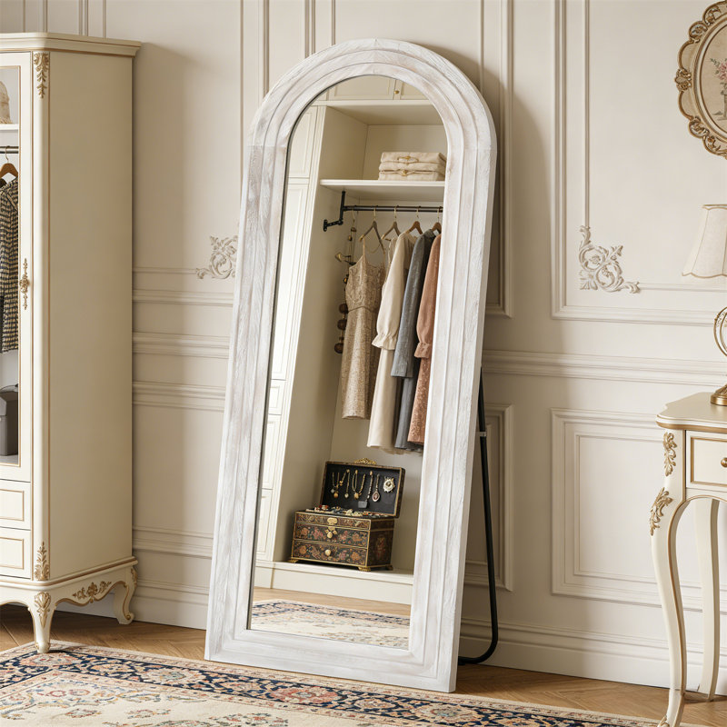 Arched Full-Length Mirror Solid Wood Frame, Farmhouse Style, Wall/Floor Leaning With Stand, For Bedroom & Living Room