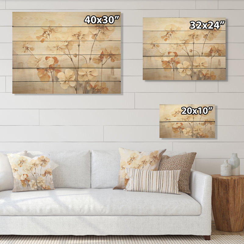 Minimalisme, géraniums beige et bleu I - art mural en bois de géraniums sur bois de pin naturel, H 10 po x l 20 po