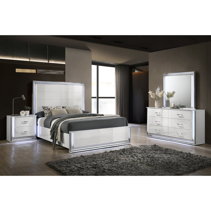 Divala 4-Piece Bedroom Set With Led, 4 Pcs: Bed, Nightstand, Dresser, Mirror, Queen