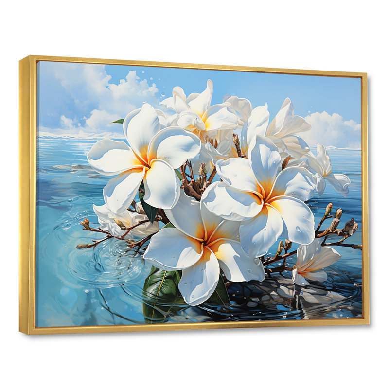 Golden Plumeria Radiance Flowers II sur toile, Cadre flottant doré, H 12 po x l 20 po x P 1 po