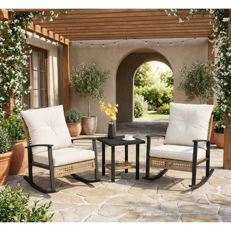 Patio Wicker Furniture Set with Button Tufted Cushions, Rattan Rocking Chairs, Coffee Table, White
