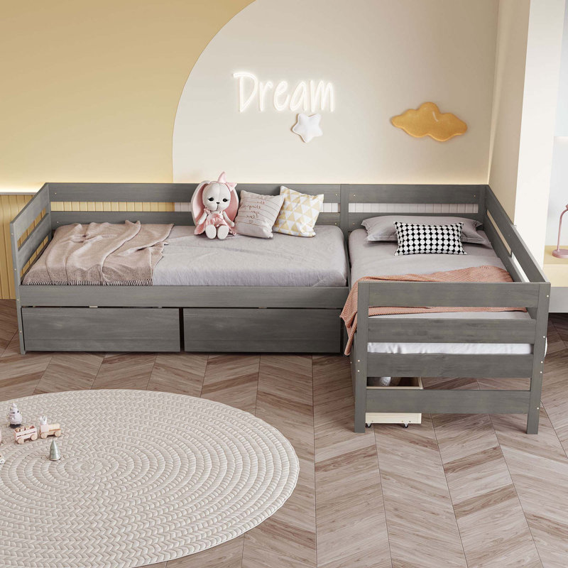 Lit plateforme simple en forme de L avec trois tiroirs de rangement, gris