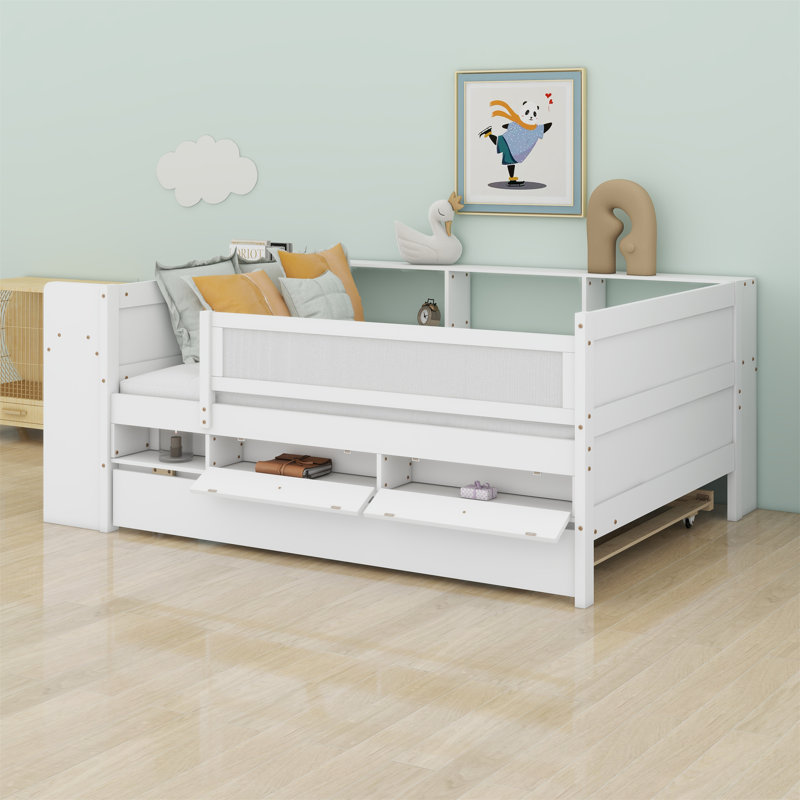 Daybed With Drawers And Trundle Bed, Shelves And Tables, USB Charging Station, White