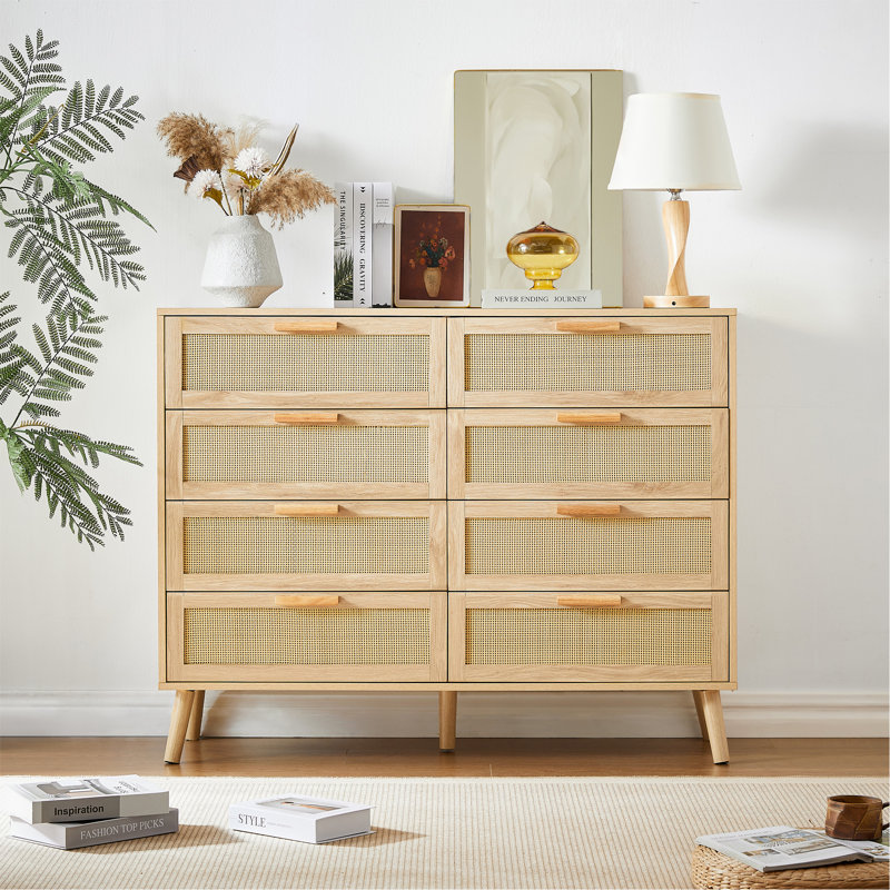 Commode de rangement en bois avec 8 tiroirs en rotin Burkle