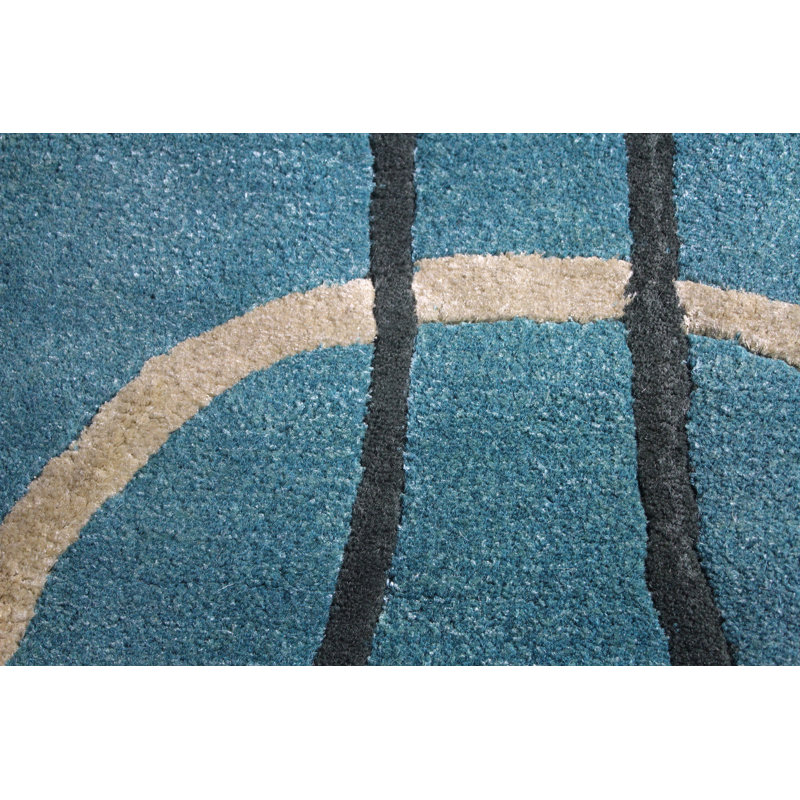 Tapis décoratif bleu soie/laine Touffeté à la main à motif géométrique Barba, Carré 1 pi 6 po