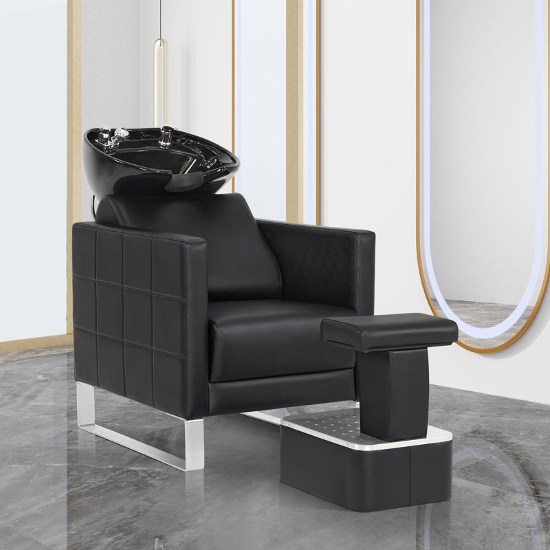 Backwash Shampoo Ceramic Bowl and Chair Set for Salon and Hair Stylist, Adjustable Shampoo Station, Black Faux Leather