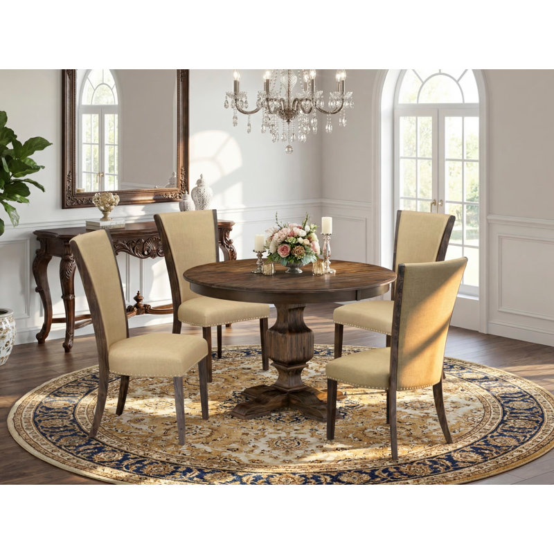 5 Piece Dinette Set for 4 Includes a Round Dining Room Table with Pedestal and 4 Brown Linen Fabric Upholstered Parson Chairs, Distressed Jacobean