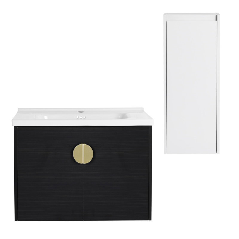 meuble-lavabo mural moderne de qualité minimaliste avec lavabo en céramique et armoires latérales, 27"