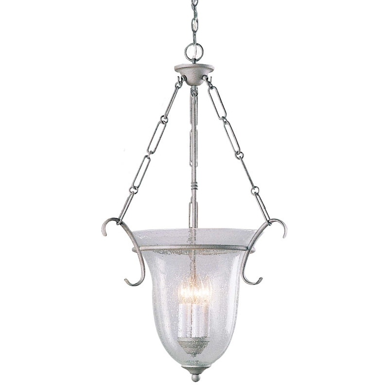 4-Light Indoor Platinum Rust Candelabra Pendant with Clear Seedy Glass Bell Shade, Platinum Rust