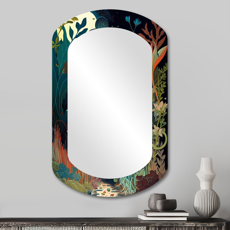 Suri Bounties and Blooming Wilderness Blessings IV - miroir décoratif asymétrique forêt, miroir mural cylindrique traditionnel, impression d'art en métal