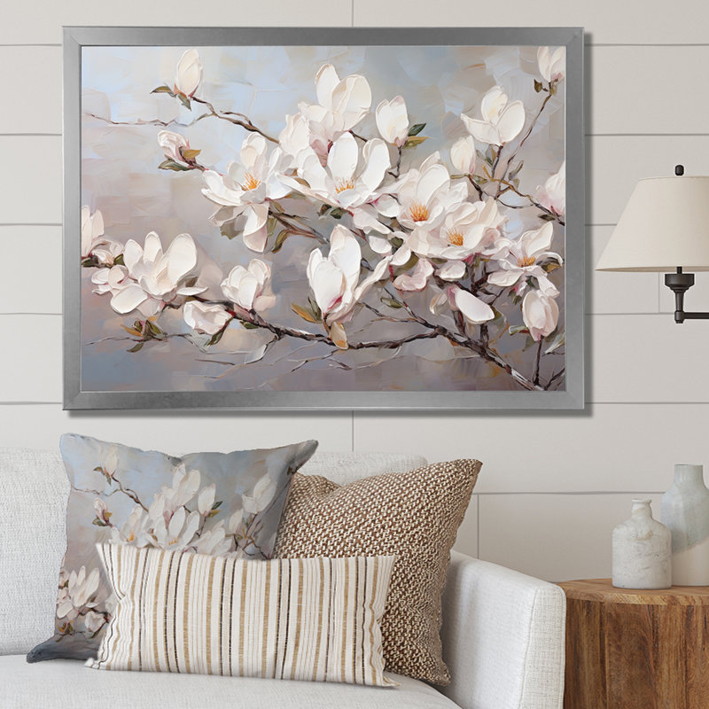 Magnolias roses I, Cadre simple argenté, H 12 po x l 20 po x P 1 po