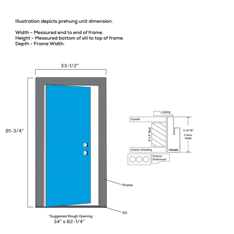 Portes d’entrée pré-raccrochées en acier 2 panneaux 0,5 lite, H 81,75 po x l 32 po x P 4,56 po