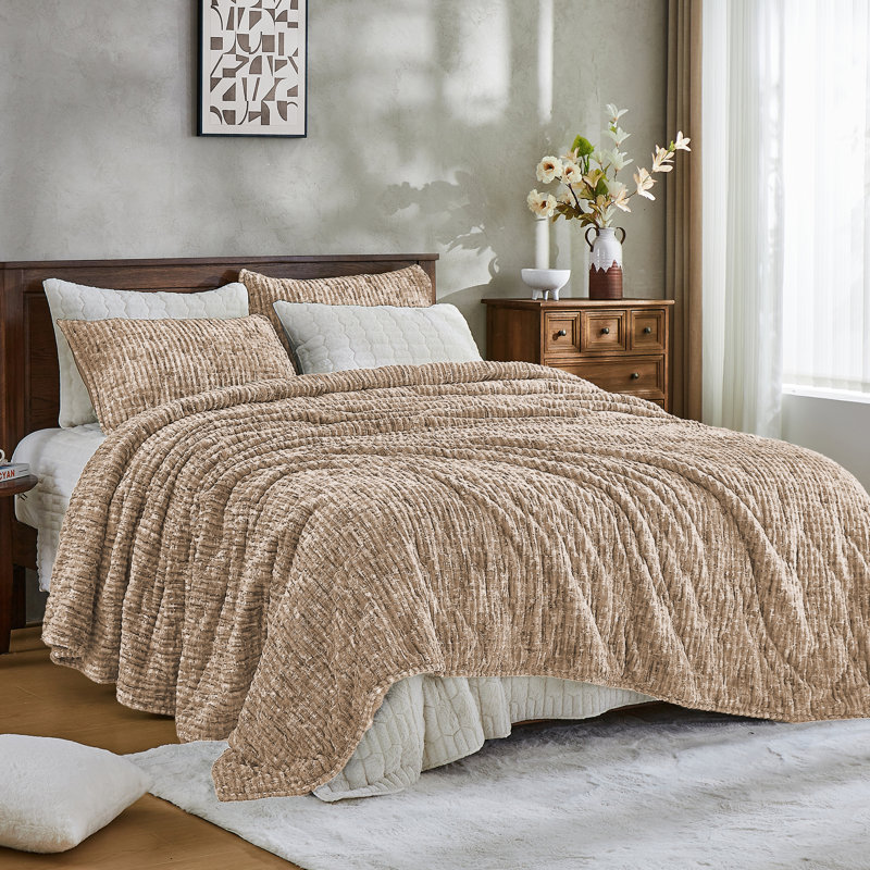 Heather Taupe King Velvet Quilt Set with Embroidery