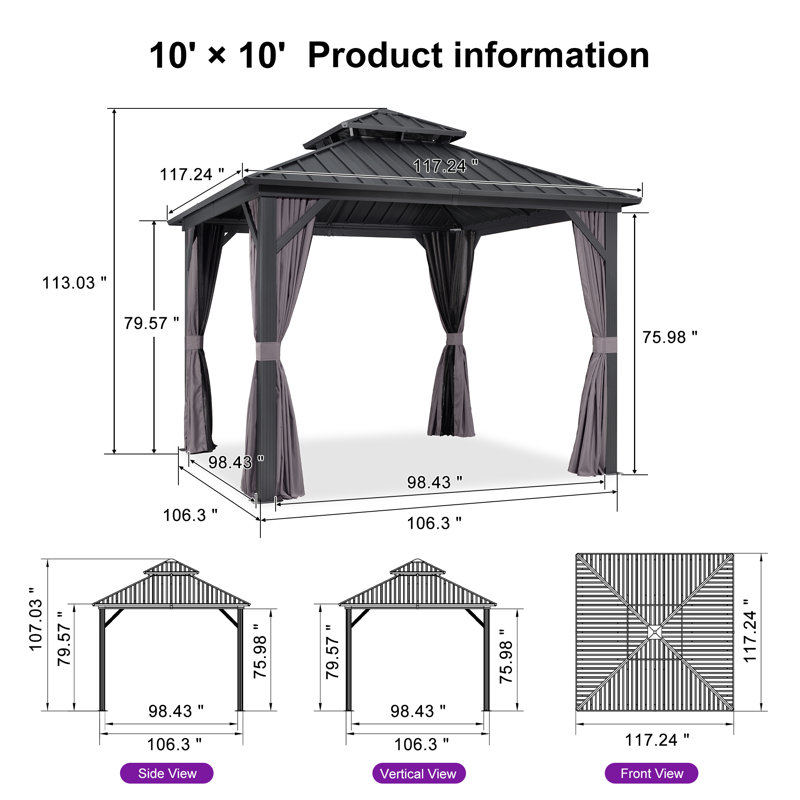 Pavillon de jardin d'extérieur en aluminium pourpre 10 pi x 10 pi avec double toit en acier galvanisé robuste pour terrasse de patio, filet et rideaux inclus, gris