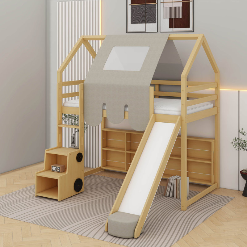 Lit mezzanine simple en bois avec tente, Naturel / Beige