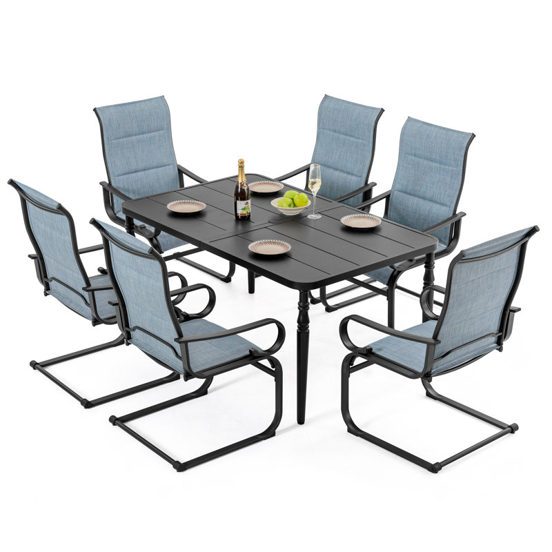 Ensemble repas d'extérieur rembourré en métal textilène 7 pièces avec trou pour parasol 1,6 po