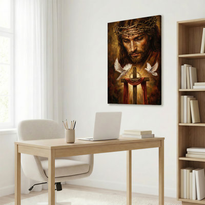 Tableau sur toile tendue représentant Jésus-Christ avec une couronne d'épines et des colombes (1 pièce)