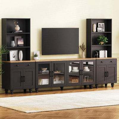 Farmhouse TV Stand With Solid Wood Gourd-Shaped Legs For Tvs Up To 70", Entertainment Center With Bookshelves & Tempered Glass Doors, Media Console With Adjustable Shelves