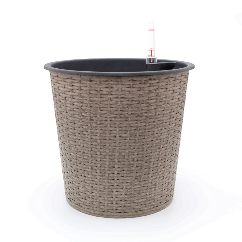 13 In.Gray Wicker Self-Watering Planter, 12.2" H x 13.4" W x 13.4" D