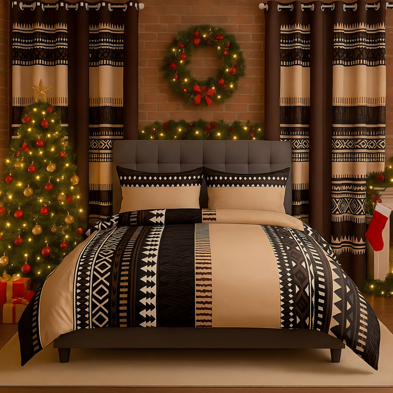 Ensemble de couvre-lit à motif bohème avec rideaux assortis, grand, brun, Couvre-lit grand + 8 pièces supplémentaires