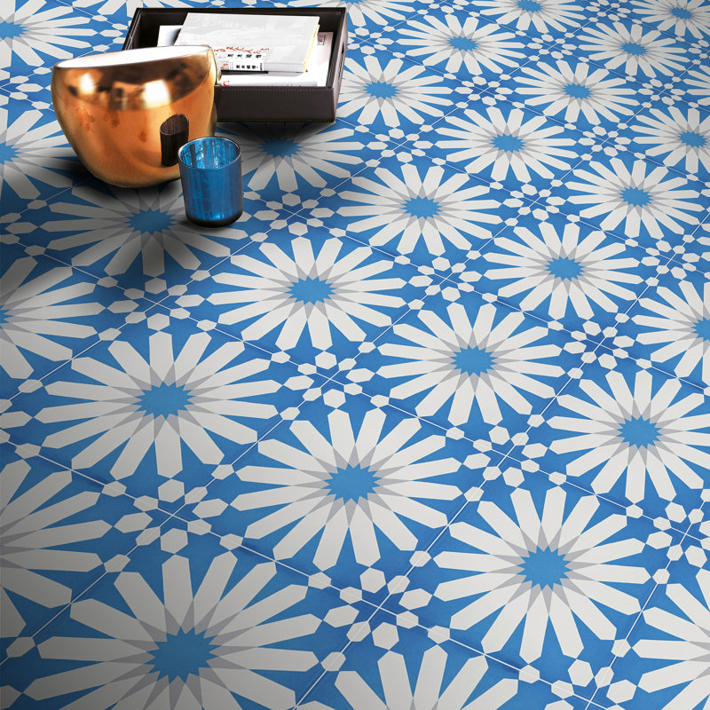 Alhambra 8" x 8" Cement Singular Wall and Floor Tile, Blue/White
