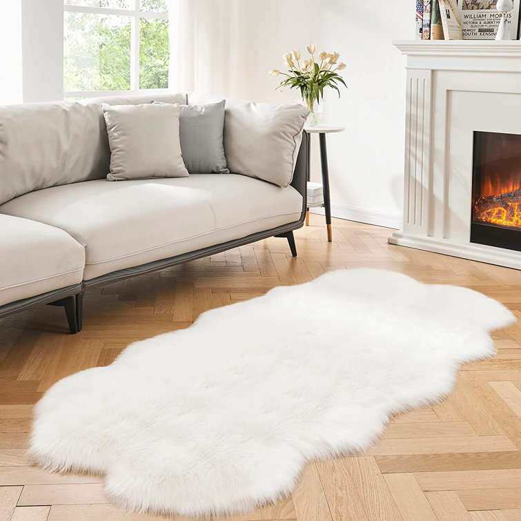 Haja Fluffy Faux Sheepskin Fur Shag Area Rug in White