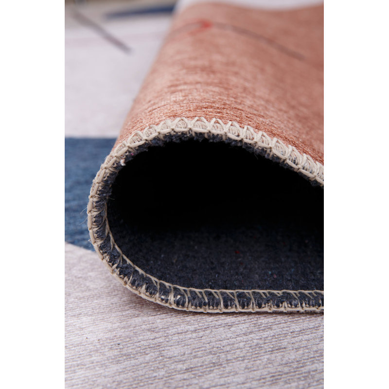 Tapis décoratif bleu, beige, géométrique et rose, Rectangle 3 pi 10 po x 5 pi 3 po
