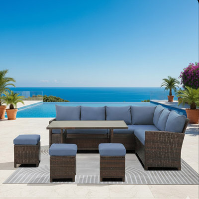 Canapé modulaire d'extérieur en osier 7 pièces 7 pièces avec coussins bleus avec repose-pieds et table de salle à manger