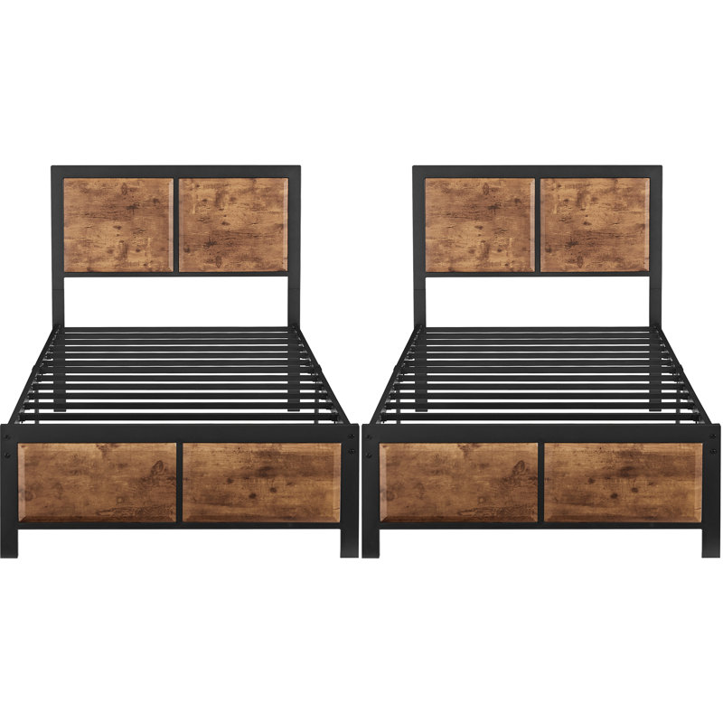 Sandreka 2 Set Twin Size Bed Frame, 2Pcs Rustic Farmhouse Metal Platform Bedframe with Wood Headboard, Mattress Foundation with Heavy Duty Metal Slats Support, No Box Spring Needed