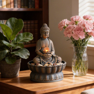 Tabletop Fountain Home Decor Smiling Sitting Buddha, Zen Water Fountains with Lighting & Cobblestones Ideal Decor for Home & Office