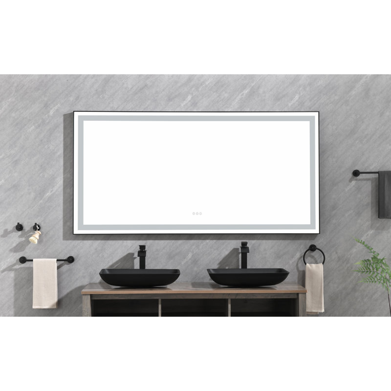 Miroir de salle de bain 72 po x 36 po x 1,5 po en aluminium avec cadre à DEL, noir mat