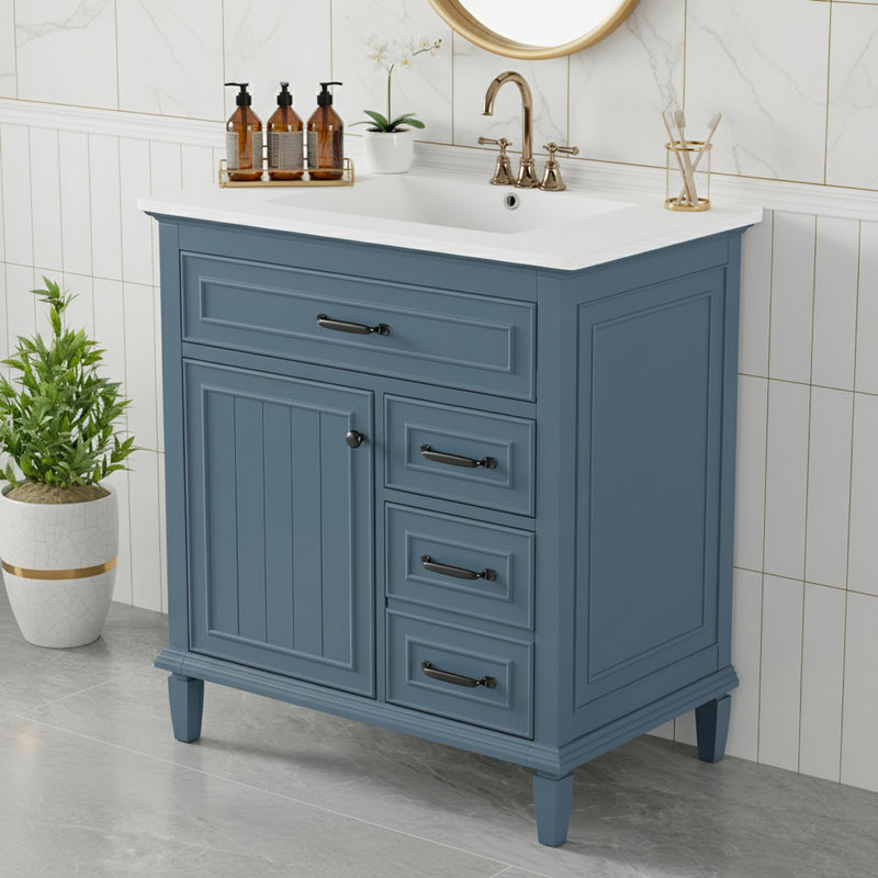 Meuble-lavabo de salle de bain avec lavabo en céramique, tiroirs rabattables et tablette réglable, Bleu gris