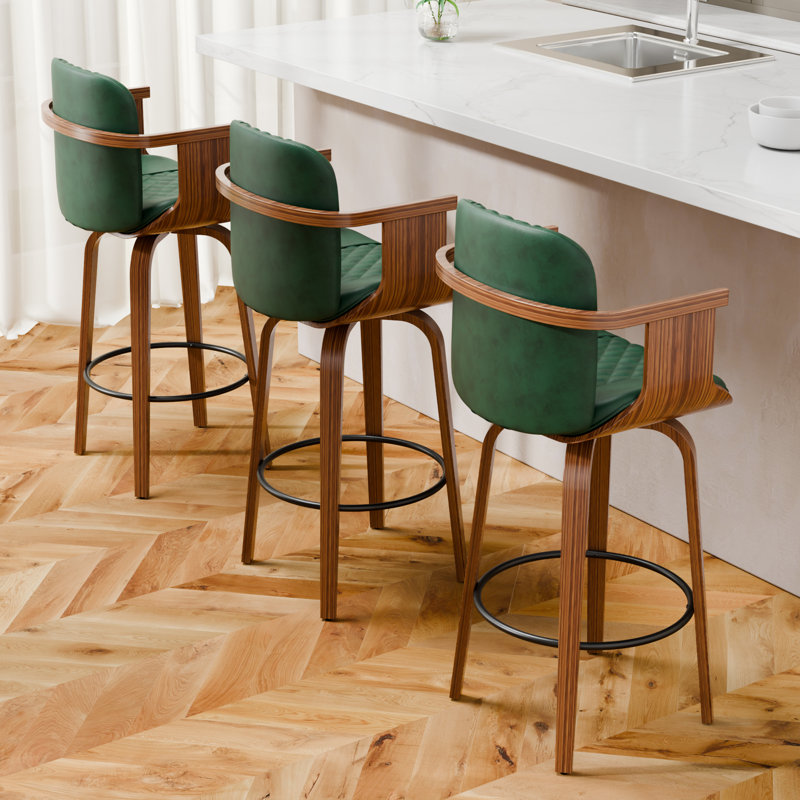 26'' High-back Swivel Bar Stool With Footrest, Green, 1